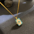 Gold book-shaped photo locket necklace with light blue enamel and pearl white inlay - Blue Edge White Panel Book (W1076)
