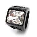 Bague en acier noir mat avec zircon carré transparent et gravures de feuilles - US 7 / Bague Noire + Pierre Argent Blanc