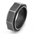Macro shot of industrial hexagonal nut ring with vintage texture and gray steel finish - US 7 / Vintage Steel