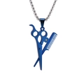 Collar con colgante de tijeras y peine azul de acero inoxidable con un diamante blanco - Azul