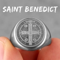 Detailed close-up of Saint Benedict crucifix and Latin prayer engravings on steel ring - Size 6 / Steel