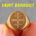 Saint Benedict gold signet ring with embossed religious cross and Latin scripture - Size 6 / Gold