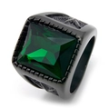 Bague exotique pour homme avec pierre carrée verte et motif de feuille d'érable noire - Bague Noire + Pierre Vert Foncé