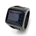 Bague pour hommes en titane noir mat avec pierre de grès bleu et gravures - Bague Noire + Pierre Argent Noir
