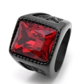 Bague pour homme en titane noir avec une grande pierre rouge carrée et détails gravés - Bague Noire + Pierre Rouge Foncé