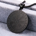 Macro view of a Viking Vegvisir compass pendant with brushed black stainless steel finish - Black Color Pendant Only (Without Chain)
