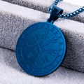 Blue Viking compass pendant with Futhark runes on a stainless steel box chain necklace - Blue Color Pendant Only (Without Chain)