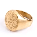 Macro view of gold Viking Vegvisir compass ring with Runes symbols and brushed metal finish - US 6 / Gold