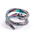 Macro detail of a spiral snake ring featuring vibrant rainbow plating and scale textures - Seven Colors