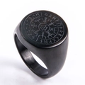 Detail of black matte Viking Vegvisir compass ring with Norse Elder Futhark runes - Number 6 / Black