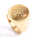 Detail of Viking compass and Valknut symbols engraved on golden stainless steel ring - Number 6 / Gold