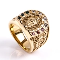 Macro detail of gold Saint Mary ring with multicolor zircon stones and horseshoe frame - US 7 / Gold