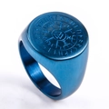 Blue brushed stainless steel Viking Valknut ring with engraved runes and Vegvisir symbol - Number 6 / Blue