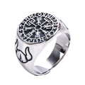 Viking compass stainless steel ring with Nordic Vegvisir symbol and ancient runes - US 7 / Steel