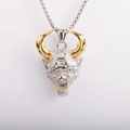Detailed close-up of a two-tone silver and gold Hannya demon skull pendant on ball chain - Two Tone Pendant With Box Chain (HT-3429)