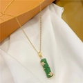 Collier bambou doré élégant avec pendentif en jade vert et feuilles ornées de cristaux - Or Vert Bambou Zircon Blanc (Chaîne en O)