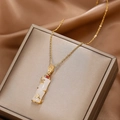 Collier pendentif bambou doré avec incrustation de jade blanc et gemme rouge - Or Blanc Bambou Zircon Rouge (Chaîne en O)