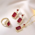 Parure de bijoux dorés avec pierres rouges rectangulaires et cristaux sur soie - Collier+Boucles d'oreilles+Bague / Ensemble 3 pièces rouge (Or)