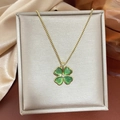 Golden clover necklace with green cat-eye stones and fine box chain for women - Gold (Green) Cat's Eye Clover