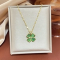 Golden necklace with cat-eye green four-leaf clover pendant and small center crystal - Gold (Green) Cat's Eye Clover (Lip Chain)