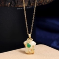 Chinese style tulip cheongsam necklace with white jade and green stone inlay pendant - Water Drop Green Stone Qipao Style
