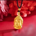 Golden Buddha head pendant with matte finish and black cord in traditional Chinese style - Gold - Buddha Head Black Cord
