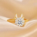 Rotating golden zodiac rabbit ring with large crystal and white enamel ears on silk - White Rotating Rabbit Ring