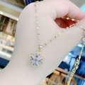 Golden four-leaf clover necklace with purple stones and micro-pave crystals - Gold-Purple Rotating Four-Leaf Flower Necklace (Lip Chain)