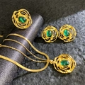 Detailed shot of vintage gold rose jewelry set with green gemstones and double layer chain - Hollow Rose Green Stone Style (A523-1)