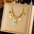 Gold plated snake chain necklace with turquoise oval pendant and star charms - Turquoise Oval Star Snake Chain (N1823)