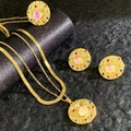 Golden opal jewelry set with evil eye necklace and matching earrings on black pedestal - Bohemian Iridescent Disk Style (A522-1)