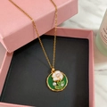 Detail of floral enamel pendant with white pearls in a pink jewelry box on marble - Gold - Oil Painting Style Round White Flower Necklace