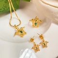 Detailed view of turtle jewelry set with green stones and gold plating on a white plate - Turtle Emerald Look Set (A)