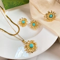 Detailed set featuring sunflower necklace, earrings, and ring with turquoise-tone stones - Turquoise Sunflower Set (A520)
