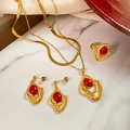 Vintage gold jewelry set with red stones including layered necklace, earrings, and ring - Rhodochrosite Look Radiant Pattern Set (A525)