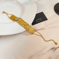 Detailed view of gold titanium steel bracelet featuring five vintage layered coin pendants - Gold Rooster Portrait Five Round Coin Style (YMX1688-2)