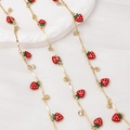 Detail of gold chain necklace featuring red enamel strawberries and sparkling rhinestones - Half Meter Price / 03#-Strawberry Rhinestone Gold Chain
