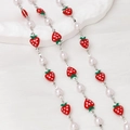 Detail of beaded necklace with white pearls and vibrant red oil-dripped strawberry charms - Half Meter Price / 07#-Strawberry White Pearl Bead Chain