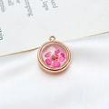 Détail macro d'un pendentif rond plaqué or avec une vraie fleur séchée rose pour bijoux DIY - 18mm / Rose rouge