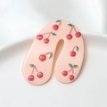 Close-up of pink acrylic U-shaped earrings with cherry patterns on a white ceramic plate - Pink Cherry Pattern (01#)