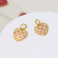 Macro detail of heart-shaped enamel pendants with pink and white checkerboard patterns - Pink And White Checkerboard Heart Style (LF3027) / 15x16mm