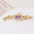 Macro detail of gold flower clasp connector with purple square zircon for DIY jewelry - 20*63mm / Gold Purple Rhinestone Style (03#)