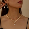 Elegant gold alloy necklace and earrings set with sparkling rhinestones for bridal weddings - Gold White Necklace Earrings (G482 Gold White)