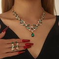Elegantes goldenes Schmuckset mit smaragdgrünen Tropfensteinen und weißen Strass - Goldbasis Dunkelgrüner Steinstil (01)