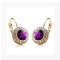 Elegant gold lever-back earrings with large round purple crystals and diamond accents - Gold + Purple
