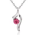 Detail of silver streamlined flame pendant with a round pink gemstone on a thin chain - Abstract Flame Shape Style (Rose Red) (008-4-28)