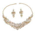 Golden bridal jewelry set with V-shaped rhinestone necklace and floral drop earrings - Gold White Necklace Earrings (G469 Gold White)