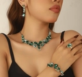 Elegant bridal jewelry set with deep green teardrop crystals and matching silver finish - Silver Green Necklace Earrings Bracelet Ring (05 Silver Green 4-piece)