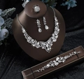 Silver alloy bridal jewelry set with sparkling rhinestones and drop crystal stones - Silver White Necklace Earrings Bracelet Ring (05 Silver White 4-piece)