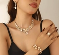 Golden alloy bridal jewelry set with champagne rhinestones featuring necklace and earrings - Champagne Gold Necklace Earrings Bracelet Ring (05 Gold Champagne 4-piece)
